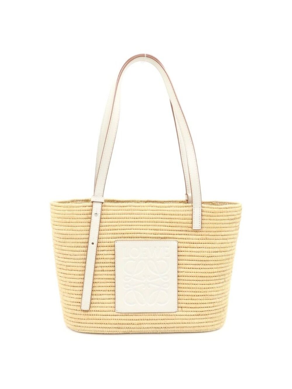 Loewe Anagram Basket Tote Small Square Raffia Leather Beige White